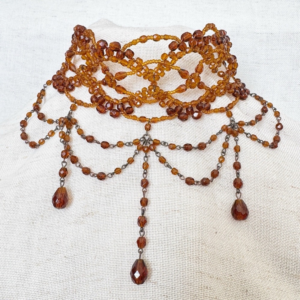 Vintage Victorian Style Gothic Amber Glass Beaded Festoon Collar Choker Necklace - Picture 3 of 15